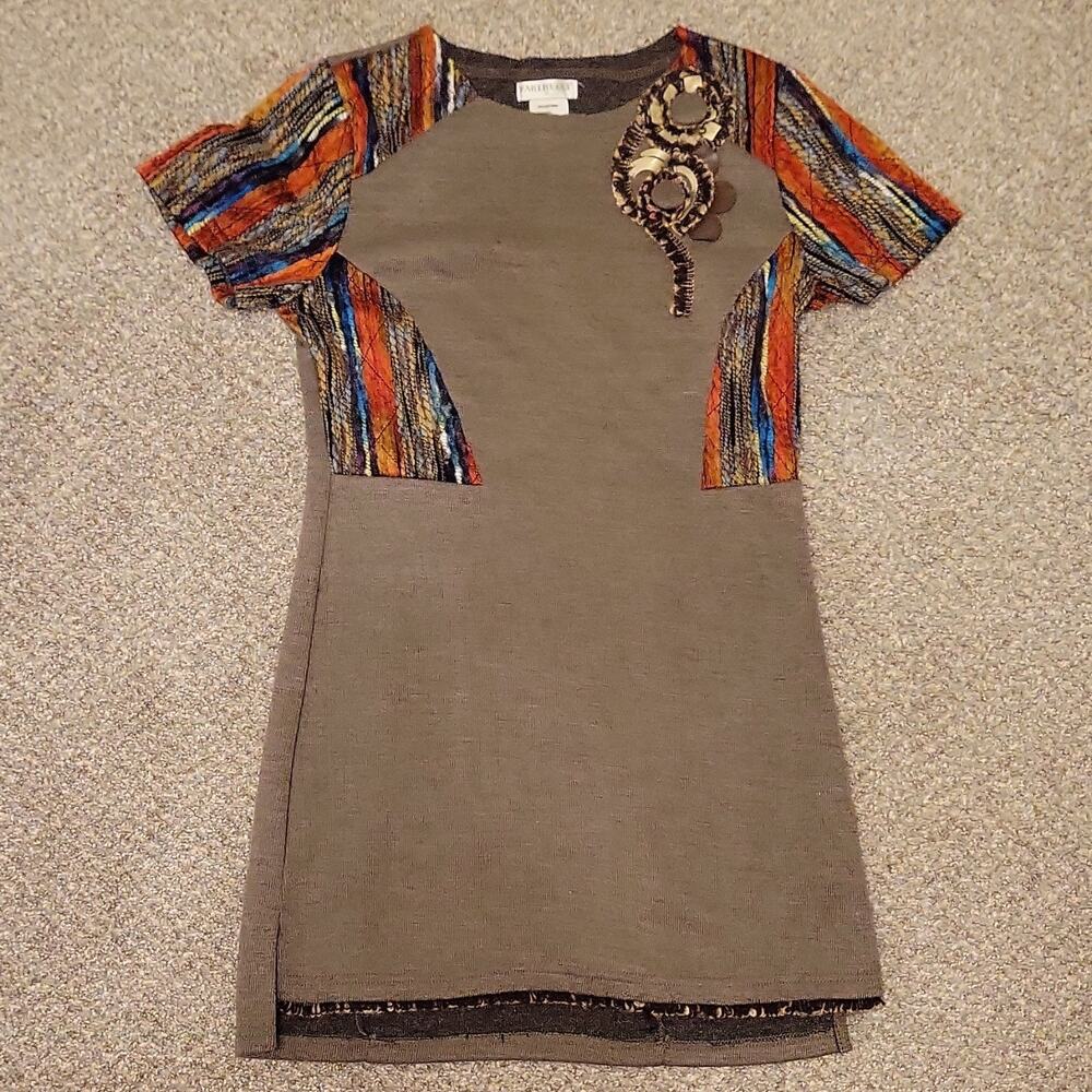 FARINELLI Brown Multicolor Striped Knit Tunic Dress Beaded Short Sleeve Size M